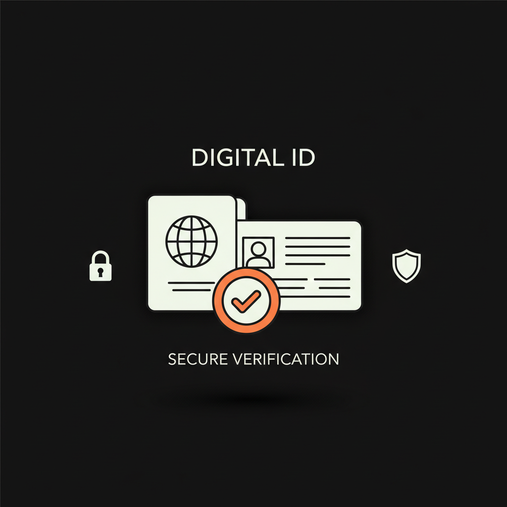 Minimal vector infographic of a passport and driver's license side-by-side with a verification badge overlay on black background in Social Success Hub colors — Meta Verified requirements