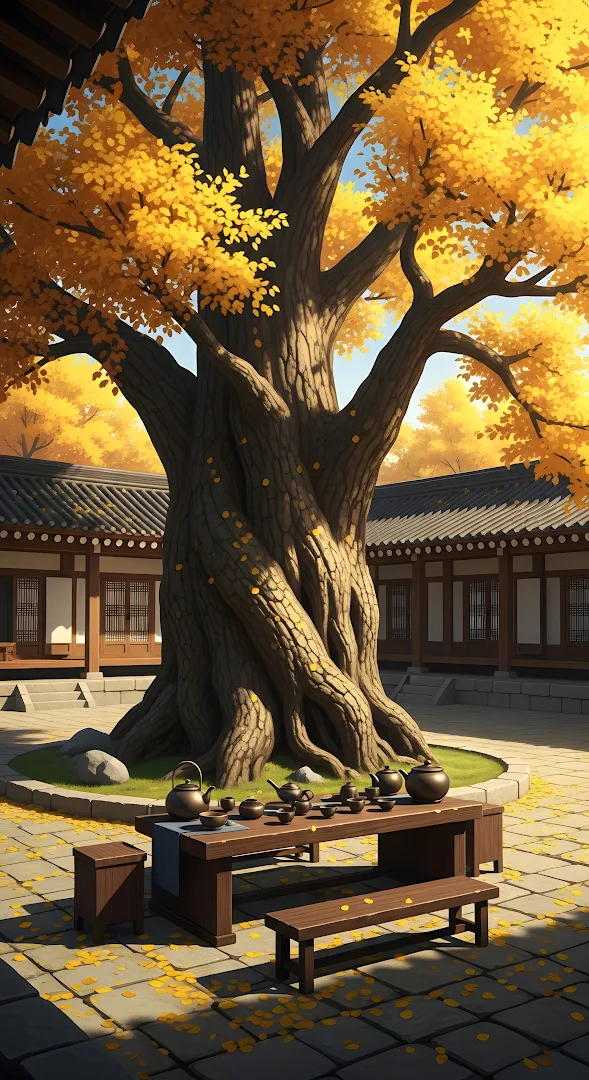 Korean Hanok Courtyard Ancient Ginkgo Autumn Tea
