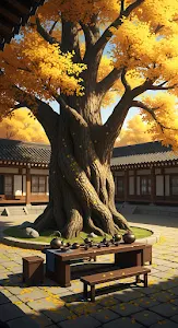 Korean Hanok Courtyard Ancient Ginkgo Autumn Tea