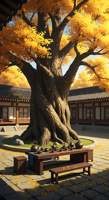 Korean Hanok Courtyard Ancient Ginkgo Autumn Tea - Free mobile Wallpaper