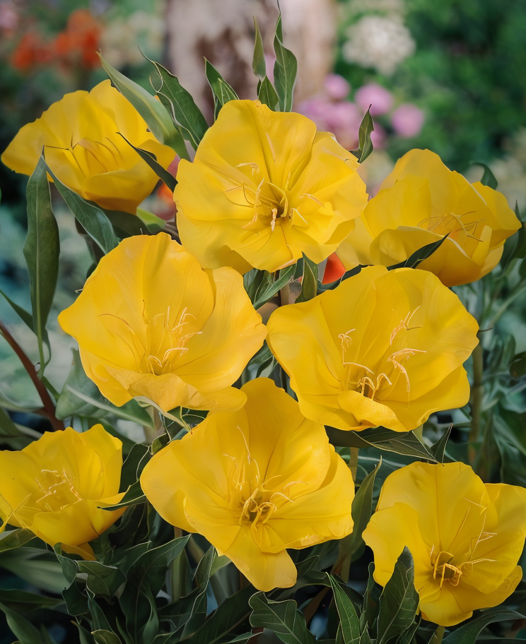 Oenothera missouriensis in piena fioritura, tappeto di fiori gialli brillanti