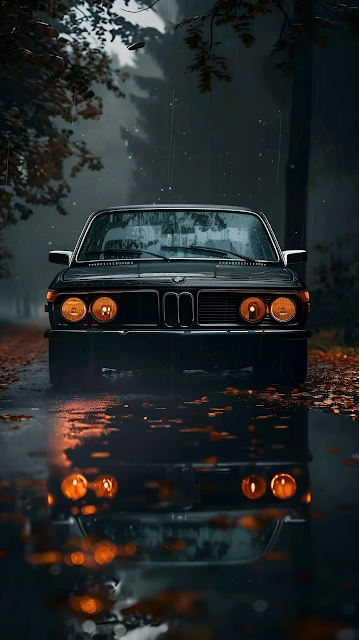 Classic BMW in Rainy Forest Path at Dusk - Free mobile Wallpaper