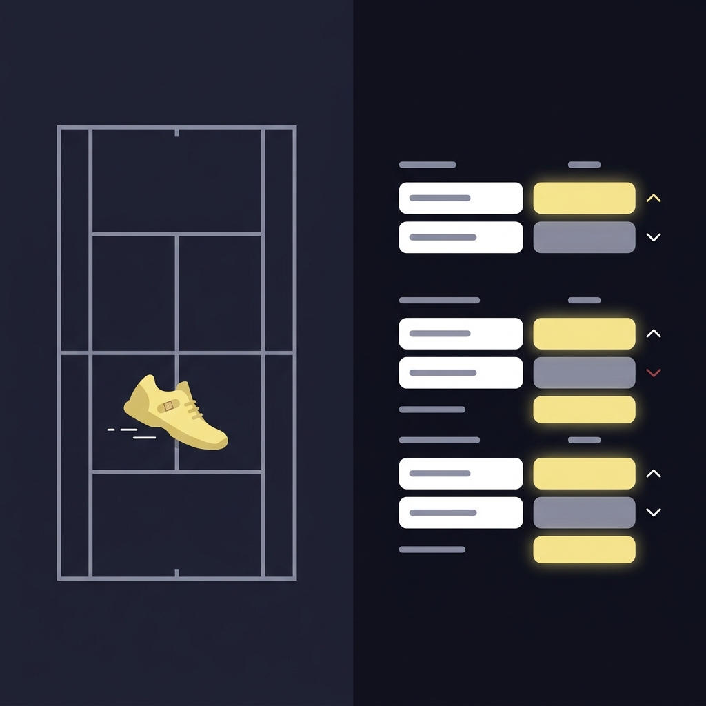 Minimal 2D vector split screen showing a stylized injured tennis shoe and a live feed beside a live market odds board updating to illustrate How Injuries Affect Tennis Odds