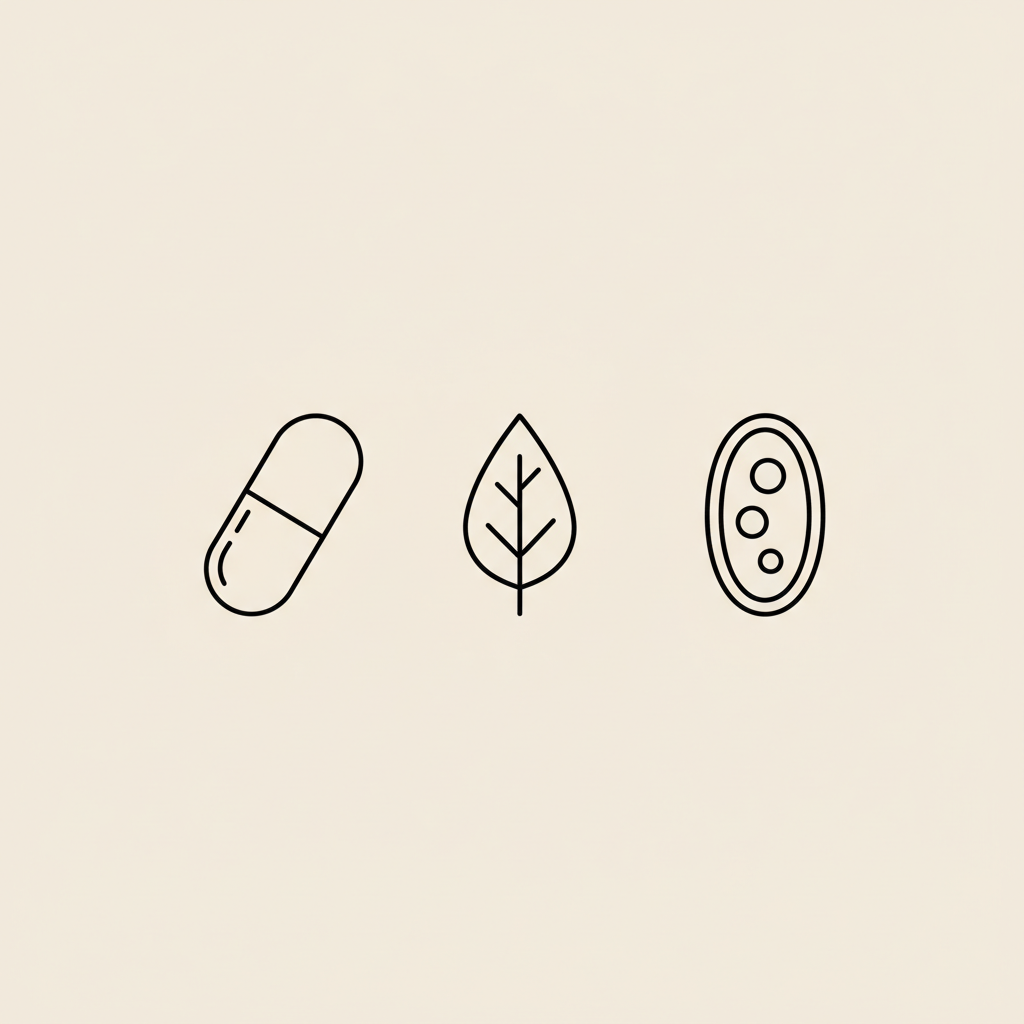 Minimal Tonum-style vector illustration of a capsule, leaf, and mitochondrion on beige background representing l-carnitine weight loss.