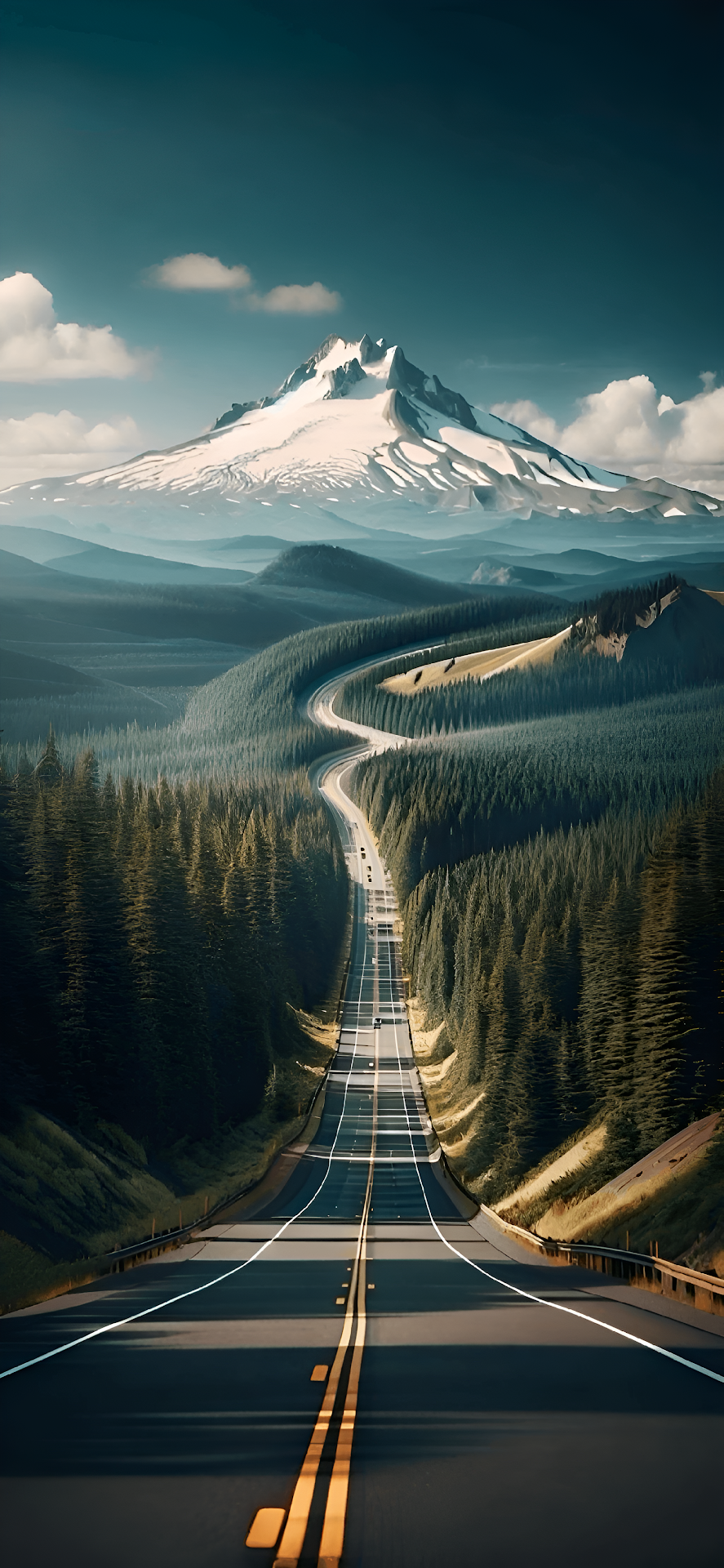 Winding Mountain Road Pine Forest Snow Capped Peak Vista - Free 4K mobile Wallpaper