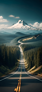 Winding Mountain Road Pine Forest Snow Capped Peak Vista