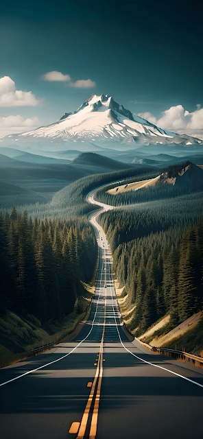 Winding Mountain Road Pine Forest Snow Capped Peak Vista - Free mobile Wallpaper