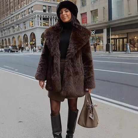 Long faux fur coat with large collar