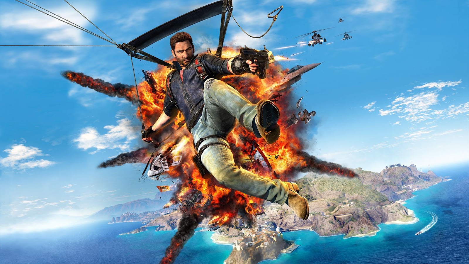 Screenshot of Rico Rodriguez from Just Cause 3 performing an explosive action in the open world
