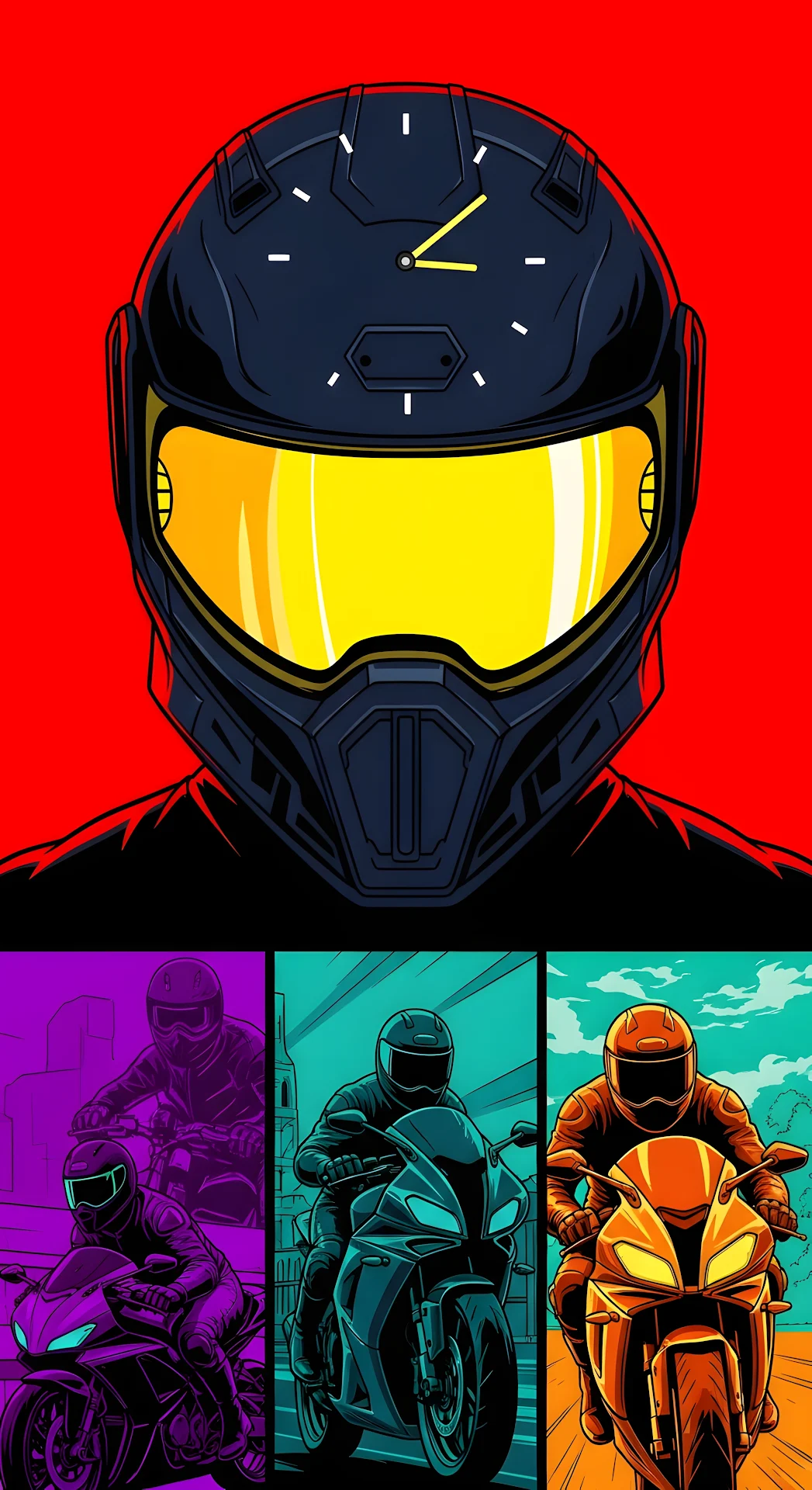 Graphic Comic Style Motorcycle Rider Helmet and Vertical Panel Montage - Free 4K mobile Wallpaper