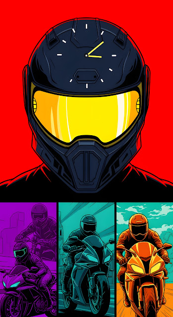 Graphic Comic Style Motorcycle Rider Helmet and Vertical Panel Montage - Free mobile Wallpaper