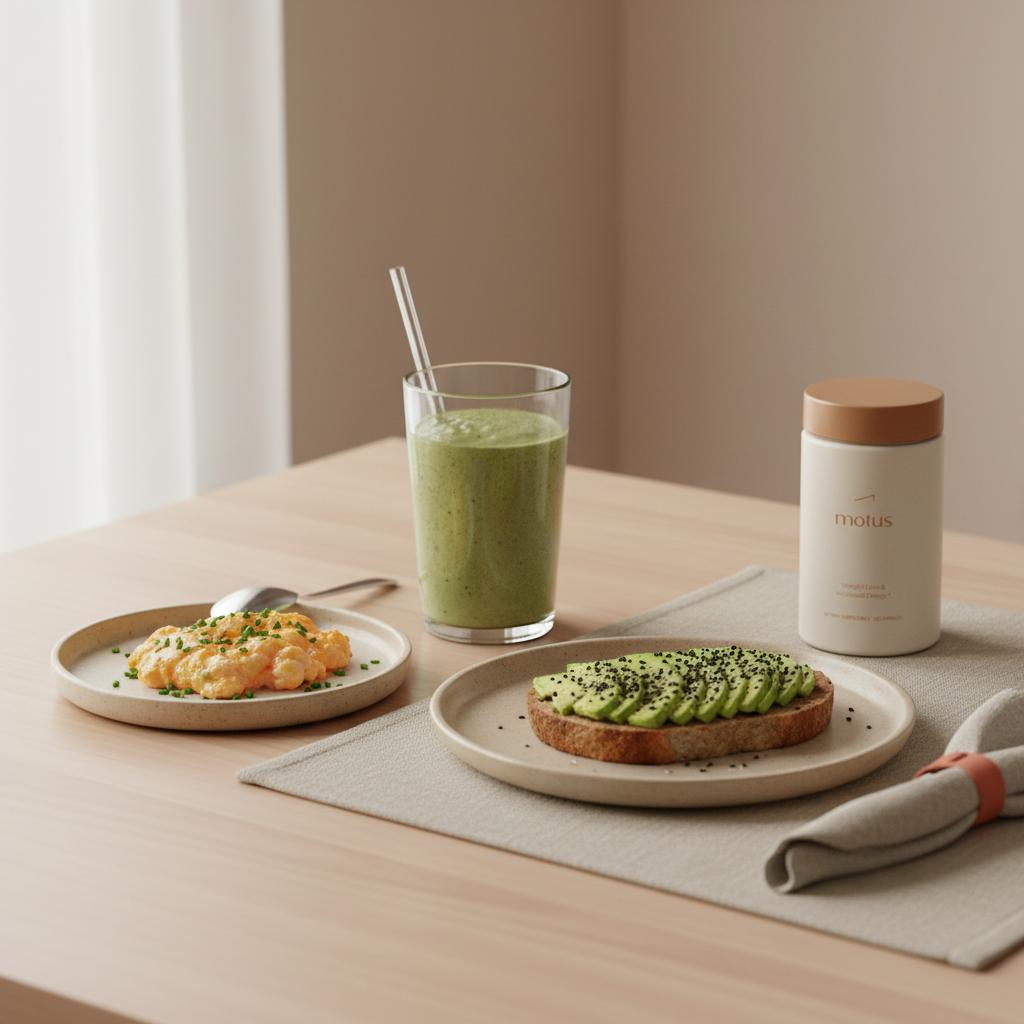 Minimalist dining table with scrambled eggs, avocado toast and a protein smoothie, with Motus bottle at the edge — liver disease symptoms weight loss visual guidance.