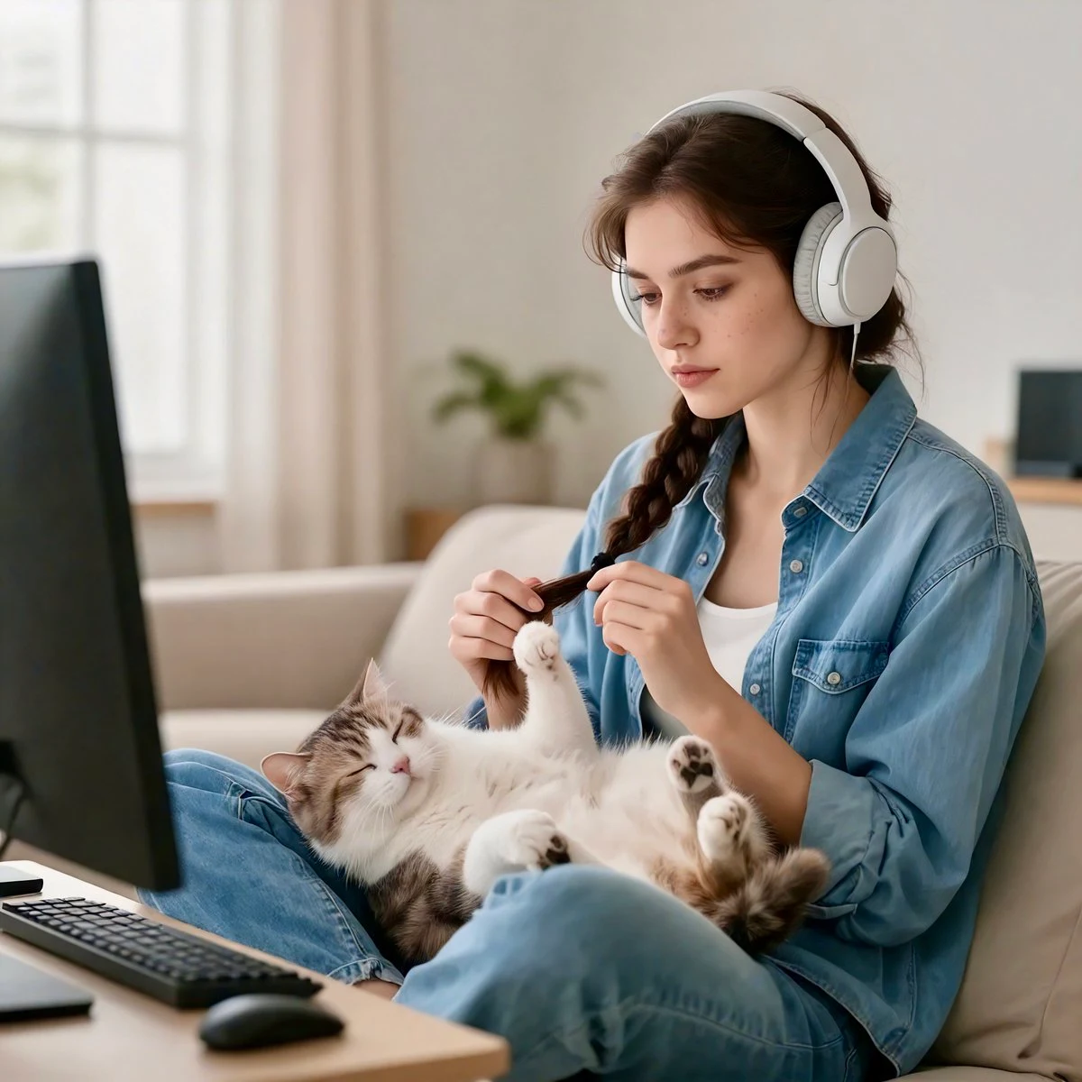 Mujer jugando con un gato dormido