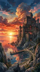 Ghibli-Style Anime Illustration of a Stone Fortress at Sunset by a Lake