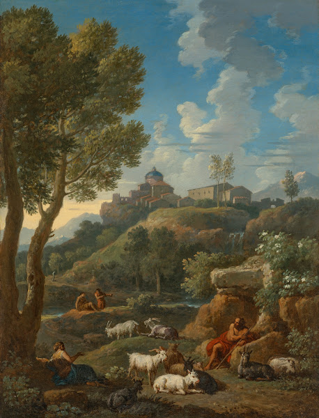A classical Italianate landscape with a shepherd and his flock other figures and