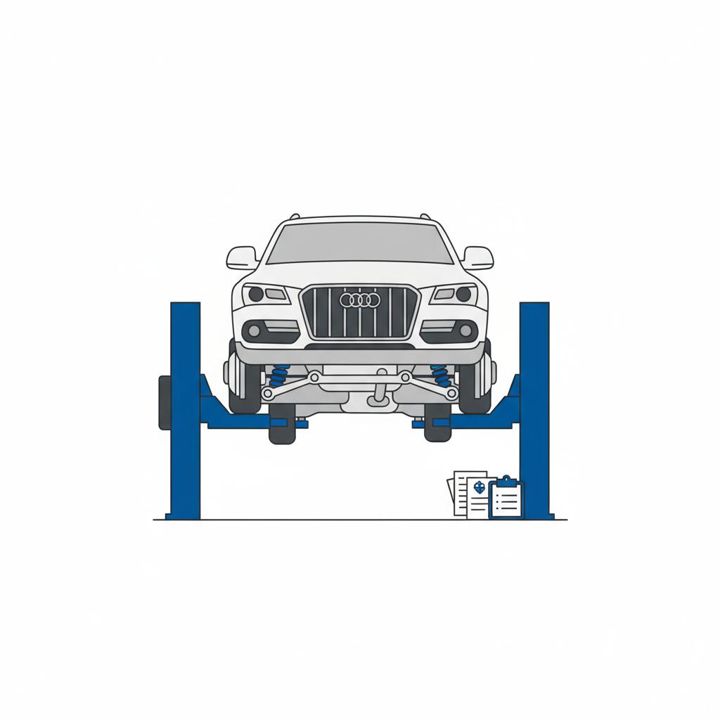 Minimalist 2D vector of Audi Q5 undercarriage on a lift showing suspension parts and service records in CarFax Deals colors audi q5 for sale