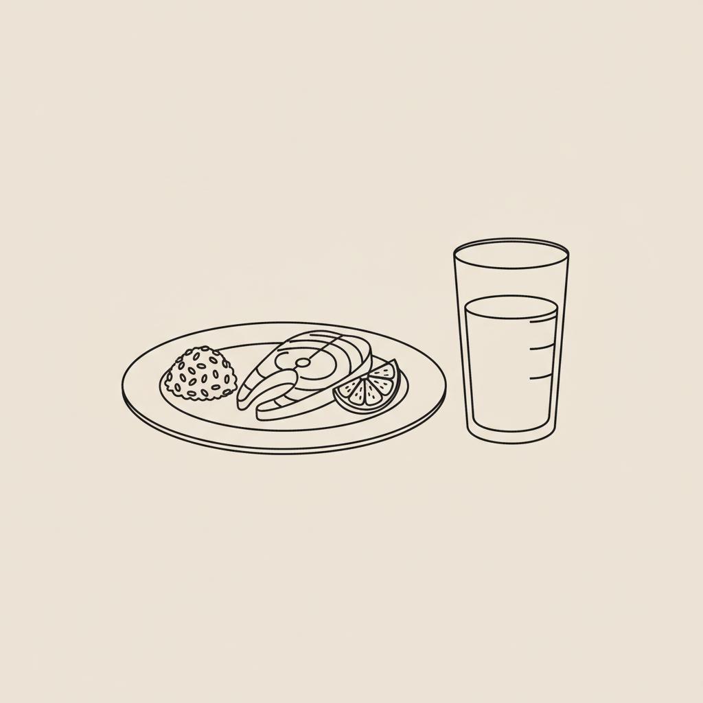 Minimalist Tonum-style line illustration of a plate with a slice of fish, a small scoop of rice, a lemon wedge and a marked glass on beige background for an amyloidosis diet