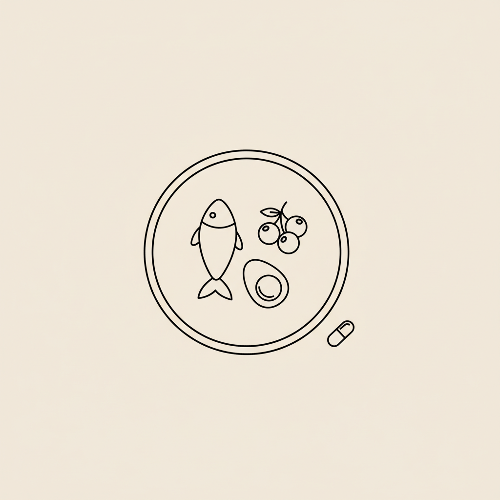 Minimalist 2D line illustration of a plate with fish, egg, berries and a small capsule silhouette on beige background for a 14 day hormone reset.