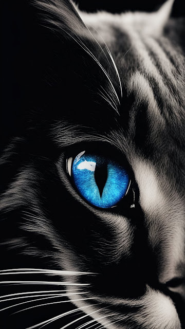Cat with Glowing Blue Eye in Monochrome - Free mobile Wallpaper