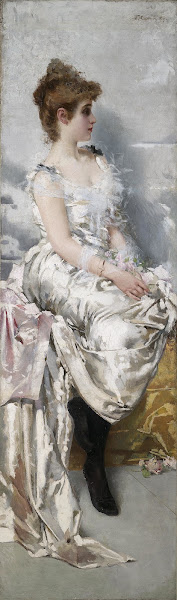 Ritratto di giovane donna in abito binaco con fiori
