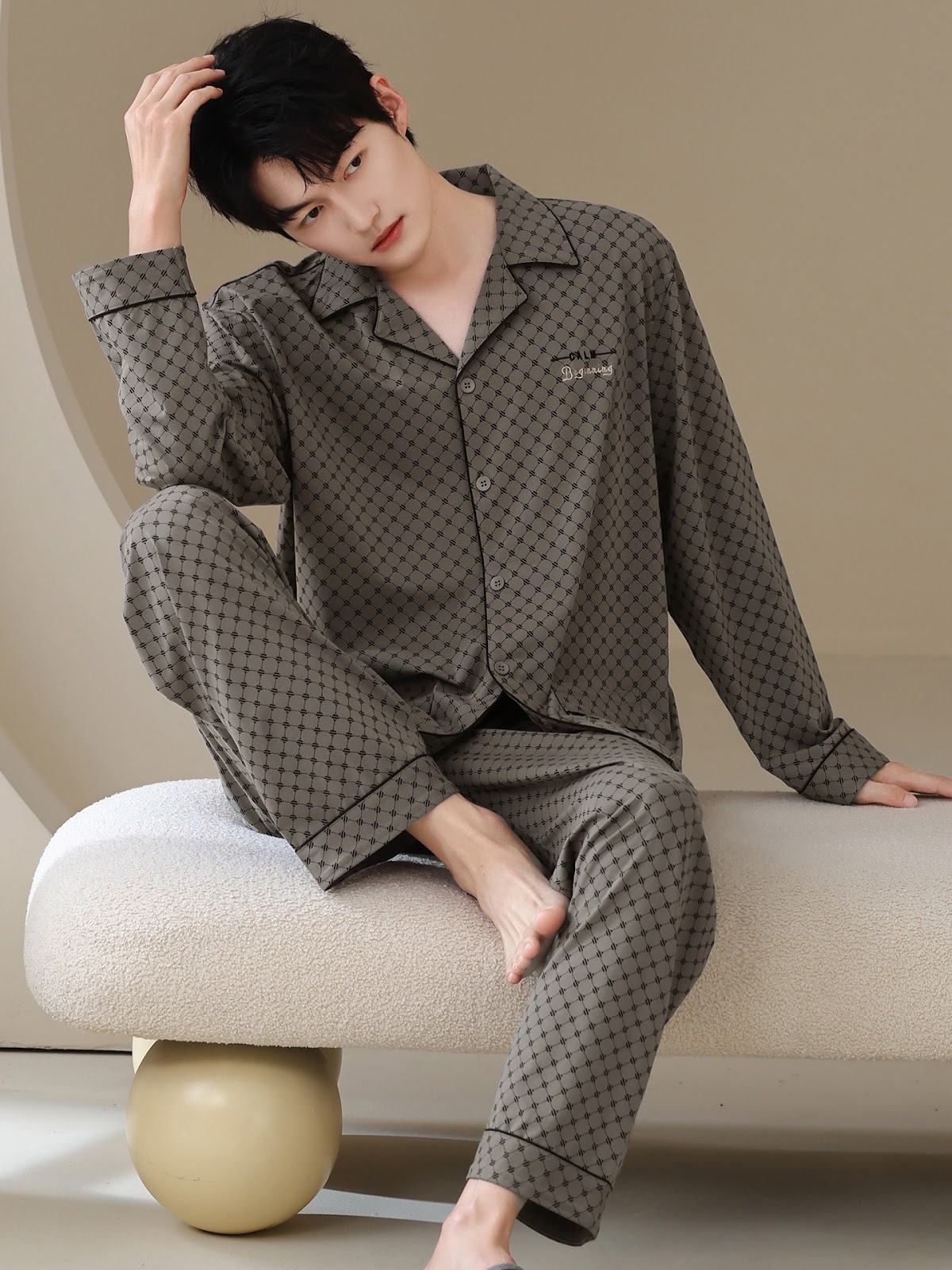 Herren-Pyjama-Set, Baumwolle, Langarm, klassisch