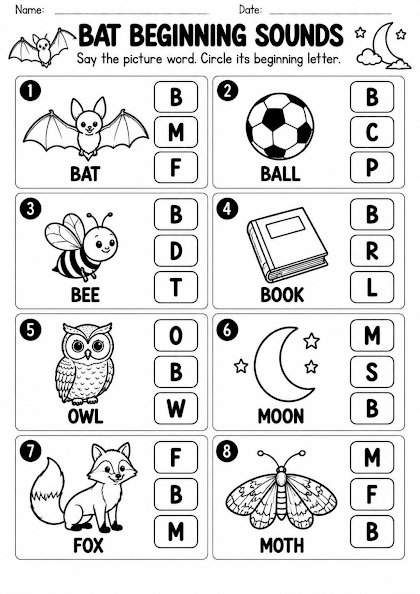 Bat Beginning Sound Worksheet