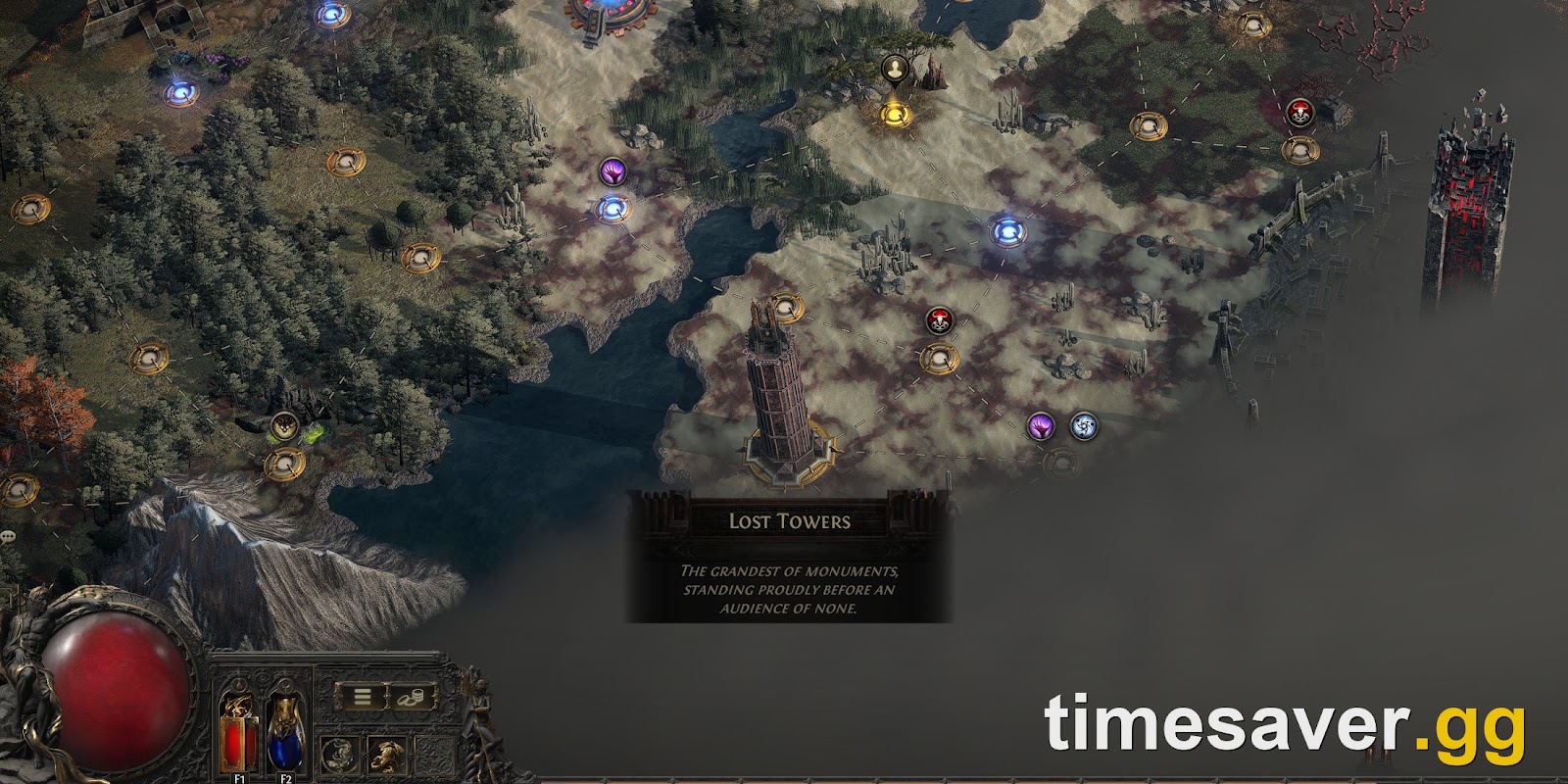 Lost Towers on the Path of Exile 2 Atlas, where Precursor Tablets are slotted to juice nearby maps