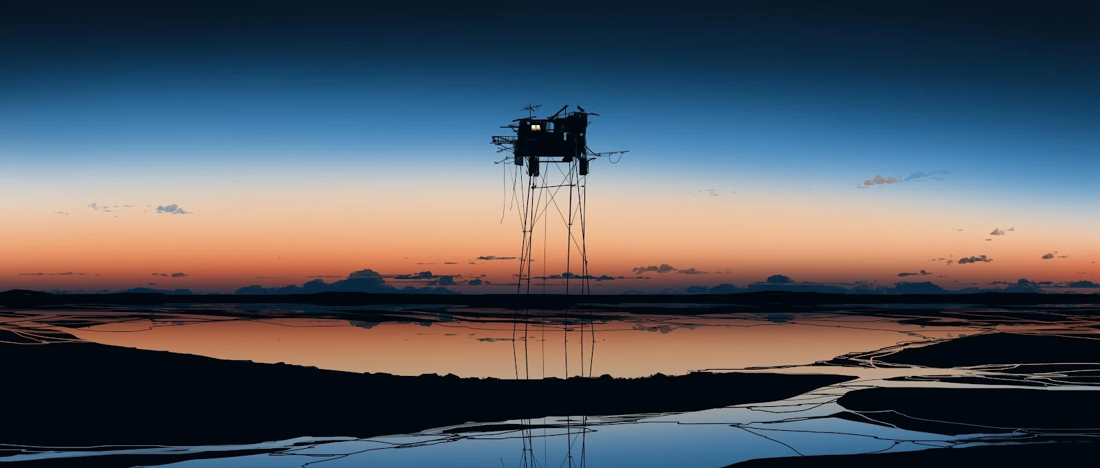 Stilt House, Silhouette, Sunset, Reflection 4K Wallpaper Background (5640x2400)