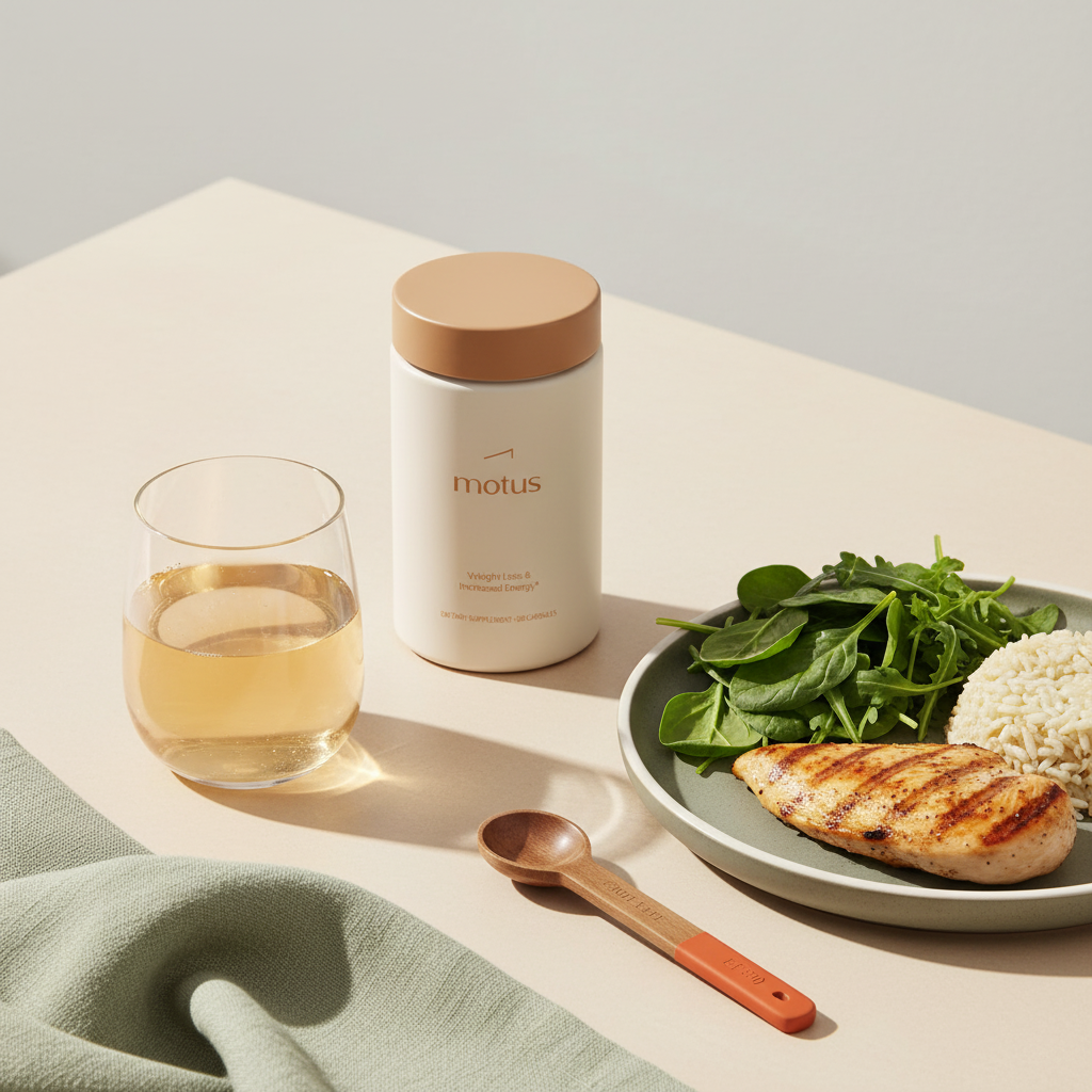 Tonum Motus supplement jar next to a glass of diluted apple cider vinegar in water, balanced meal plate and measuring spoon, illustrating apple cider vinegar pills help with weight loss