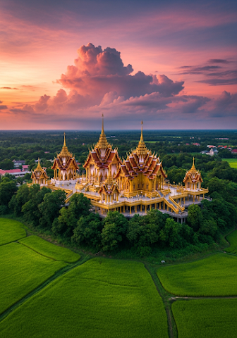 Temple Golden Pagodas Sunset