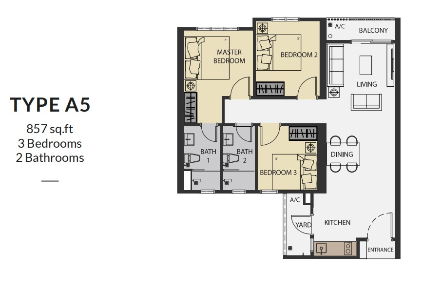Aster Hill Sri Petaling Type A5 floor plan — 978 sq ft, 3 bedrooms