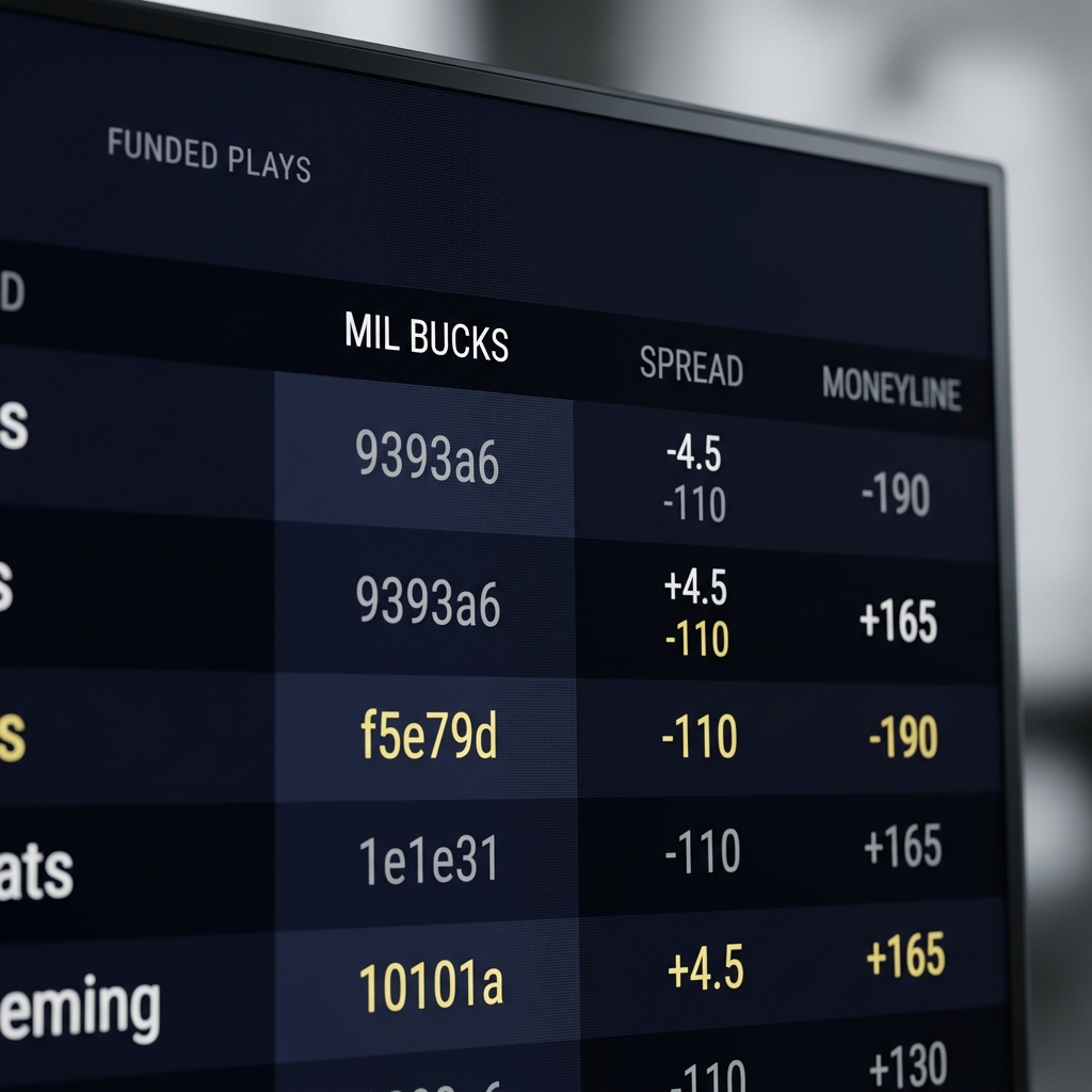 Close up sportsbook display showing moneylines and point spreads for an NBA game focused on the Bucks column and odds for bucks prediction in a Funded Plays minimalist dark UI