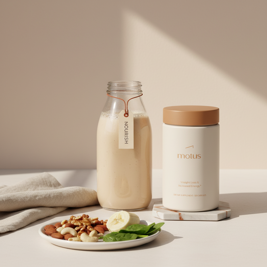 Minimalist kitchen still life with a high-protein shake in a clear bottle, Tonum Motus jar, plate of nuts, a banana slice and spinach — meal replacement shakes
