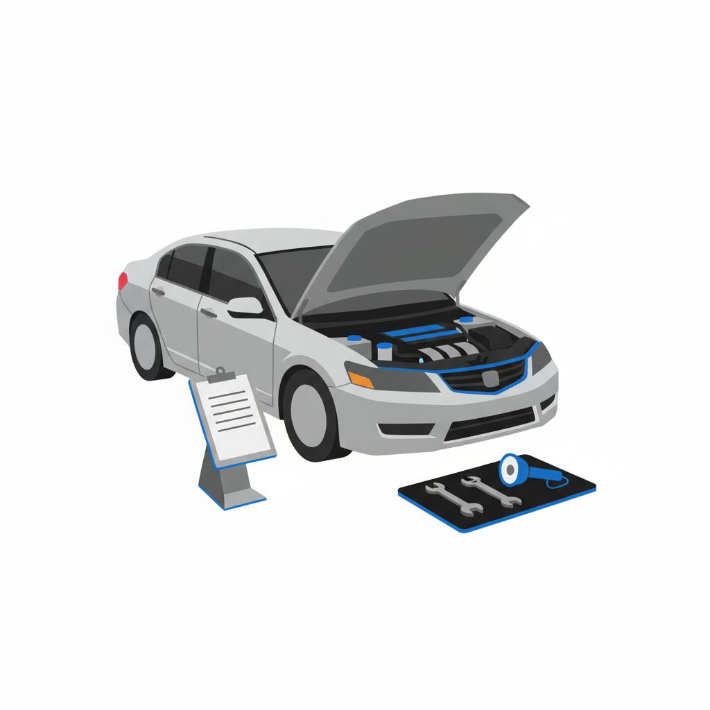 Minimalist 2D vector of a used honda accord for sale with open hood showing stylized engine bay and nearby clipboard and inspection tools on white background