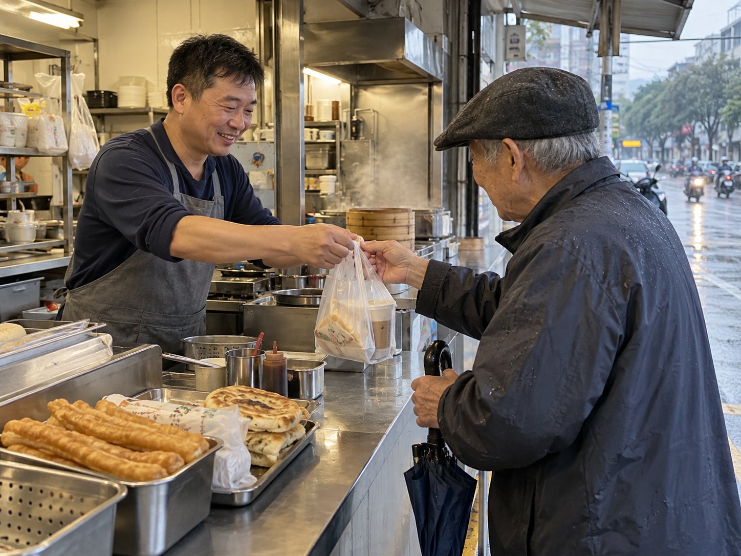 年長顧客在細雨中向早餐店老闆取餐