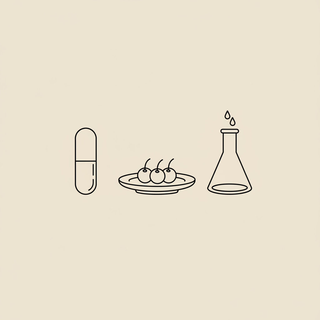 Minimalist line illustration of a capsule, plate with berries, and a beaker with drops on beige background — is garcinia cambogia bad for the liver
