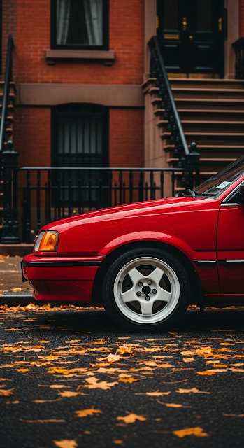 Close-Up of a Classic Red Car Parked by an Ornate Brownstone in Autumn - Free mobile Wallpaper