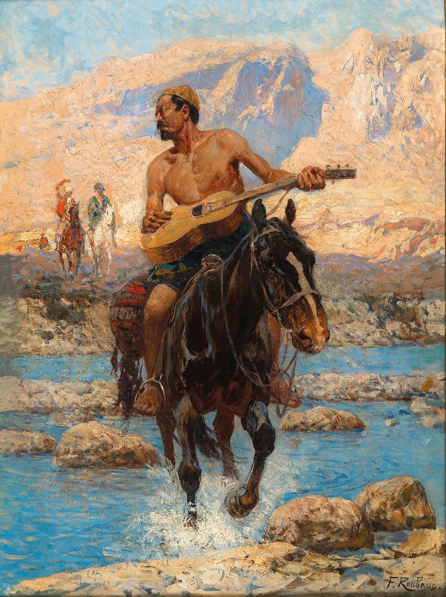 A Rider with Guitar Crossing a Ford