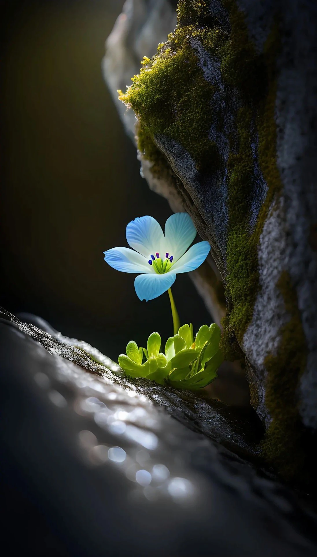 Delicate Blue Alpine Flower Growing from Mossy Rock Crevice - Free 4K mobile Wallpaper