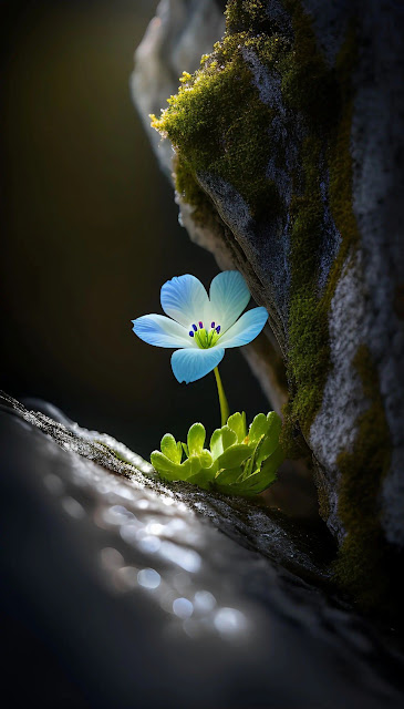 Delicate Blue Alpine Flower Growing from Mossy Rock Crevice - Free mobile Wallpaper