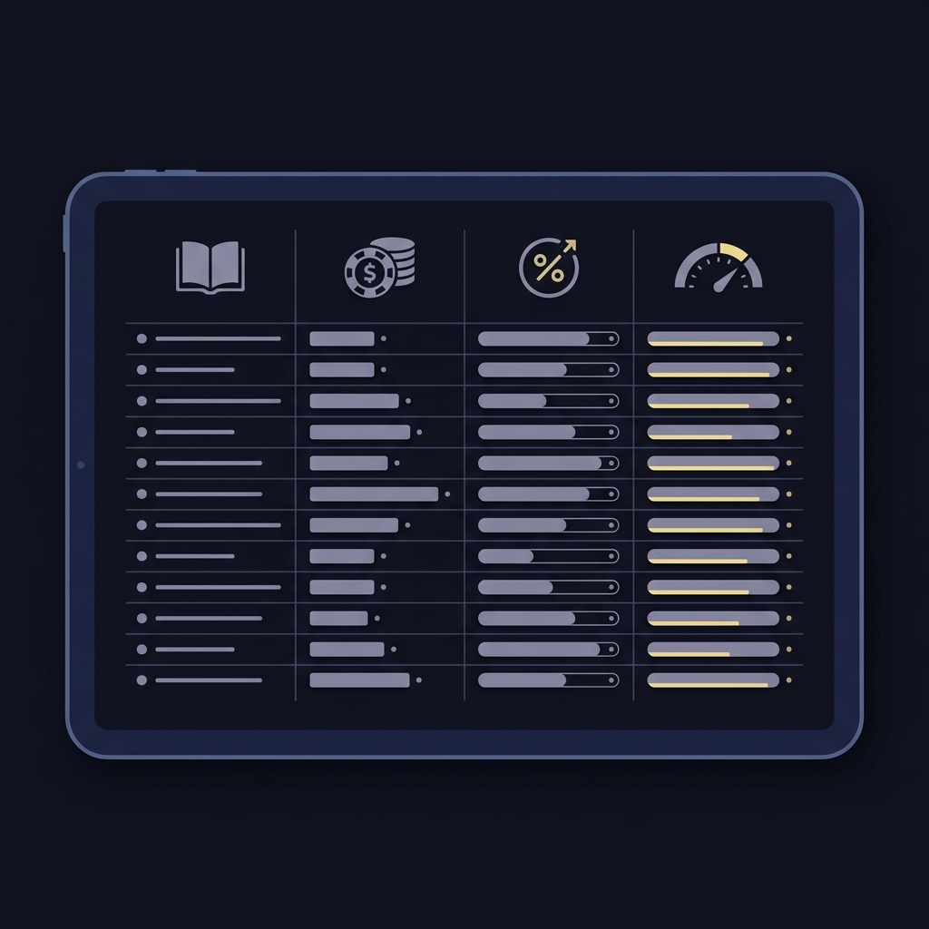 Minimalist 2D vector tablet spreadsheet view with four icon headers book chips percent gauge showing columns for odds implied probability and overround in Funded Plays color palette betmania sportsbook