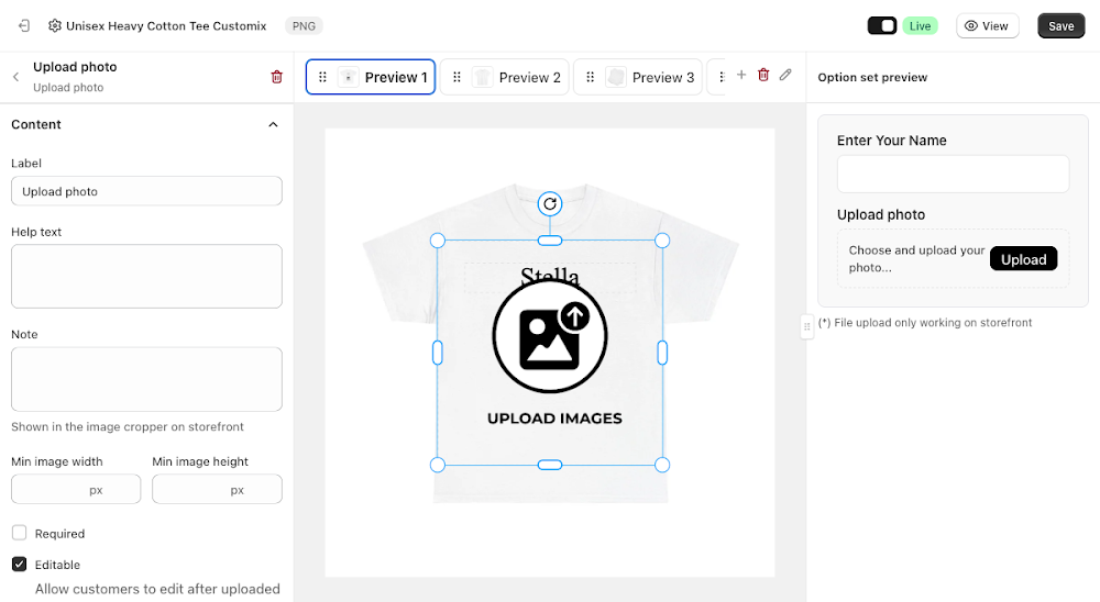Content panel with Label, Help text, Note, Min image width and height, Required, and Editable fields
