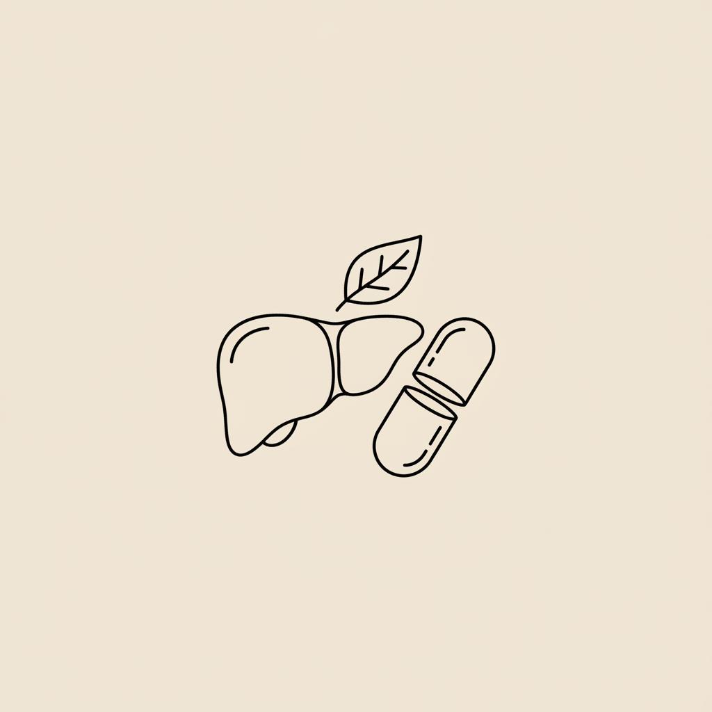 Minimalist line illustration of a capsule, stylized liver icon, and leaf on a beige background, representing best supplements for fat loss