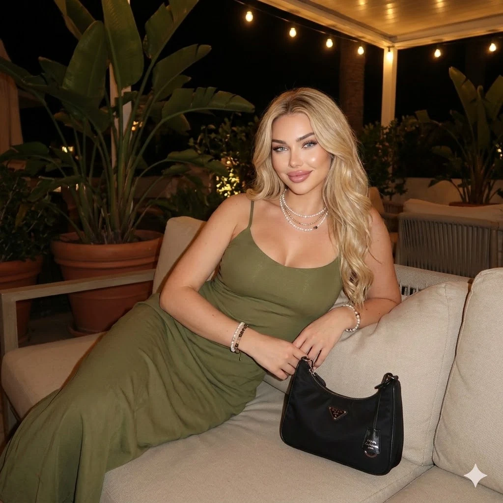 Mujer con vestido verde oliva en el sofá por la noche.