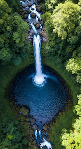 Aerial Top-Down View of a Rushing Jungle Waterfall and Deep Blue Plunge Pool