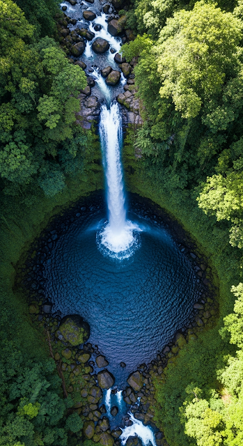 Aerial Top-Down View of a Rushing Jungle Waterfall and Deep Blue Plunge Pool - Free mobile Wallpaper