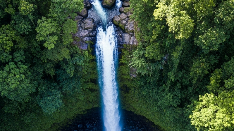 Aerial Top-Down View of a Rushing Jungle Waterfall and Deep Blue Plunge Pool