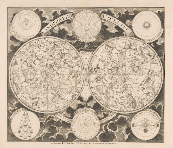 Hemelkaart met de noordelijke en zuidelijke sterrenbeelden Planisphaerium coeles