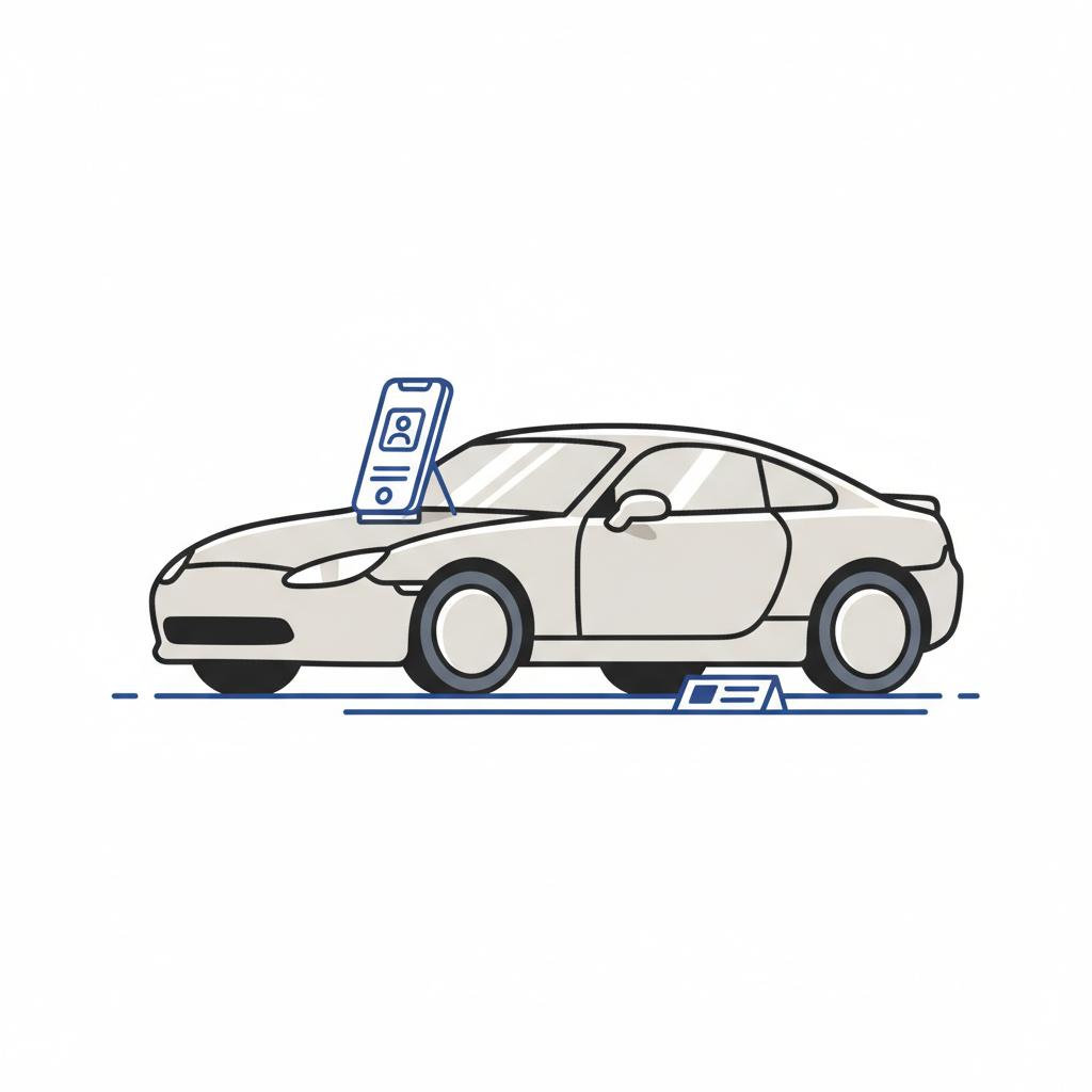 Minimalist 2D vector of a parked sports coupe at a dealership lot with a smartphone showing a non readable VIN interface nearby nissan 350z for sale