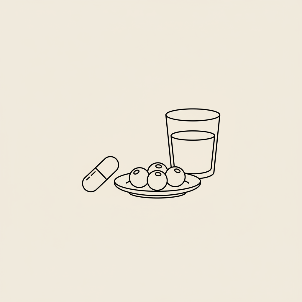 Minimalist Tonum-style line illustration of a capsule next to a small plate of berries and a water glass on beige background - best OTC weight loss pill